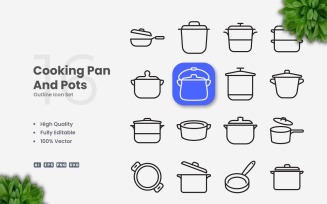 16 Cooking Pan and Pots Outline Icon Set