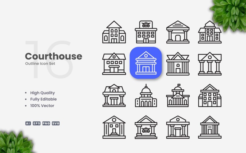 16 Courthouse Outline Icon Set
