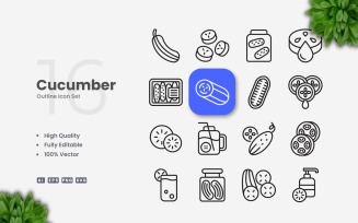 16 Cucumber Outline Icon Set