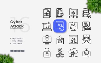 16 Cyber Attack Outline Icon Set