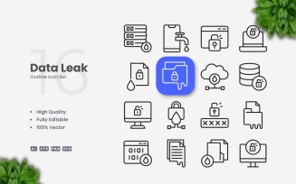 16 Data Leak Outline Icon Set