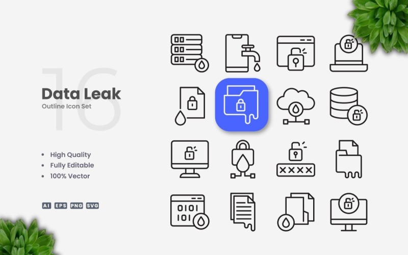 16 Data Leak Outline Icon Set