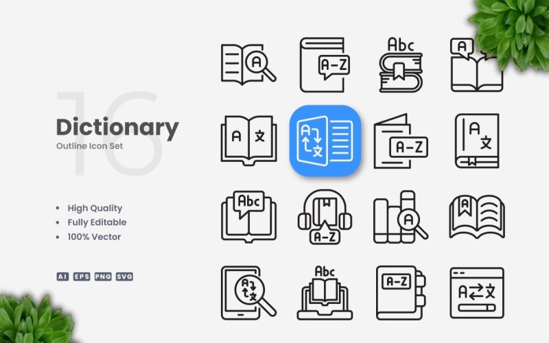 16 Dictionary Outline Icon Set