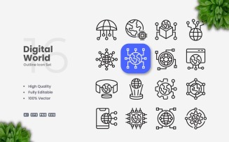 16 Digital World Outline Icon Set