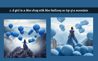 A girl in a blue dress with blue balloons on top of a mountain