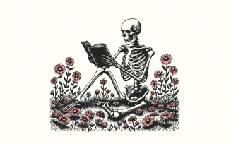 Book Reading Skeleton PNG, Gothic T-shirt Design, Sublimation Art, Book Lover Skeleton Art, Floral