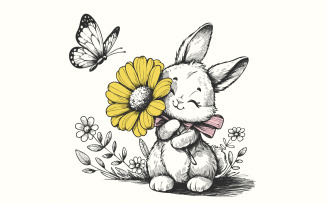 Bunny and Butterfly PNG, Spring Bunny Decorative Design, Floral Bunny Clipart, Rabbit Silhouette,