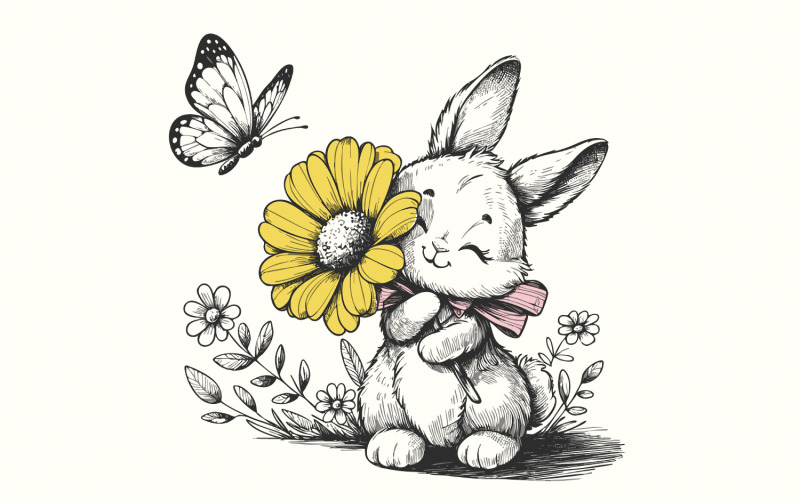 Bunny and Butterfly PNG, Spring Bunny Decorative Design, Floral Bunny Clipart, Rabbit Silhouette, Illustration