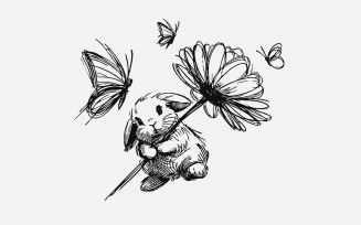 Bunny and Butterfly PNG, Spring Bunny Decorative Design, Whimsical Silhouette, Meadow Wildflower,
