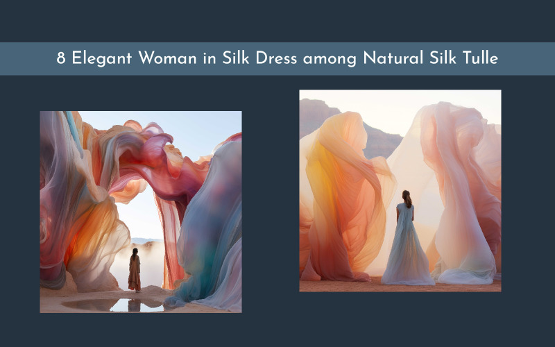 Elegant woman in silk dress among natural silk tulle Illustration