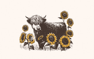 Highland Cow PNG Sunflowers Clipart, Farm Animal Sublimation Design, Cow with Flowers, Cute