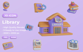 Library 3D Icon Set Bundle Design