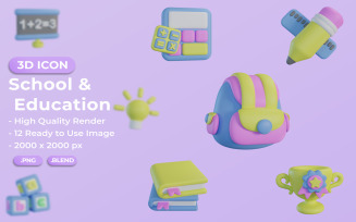 School And Education 3D Icon Set Bundle Design