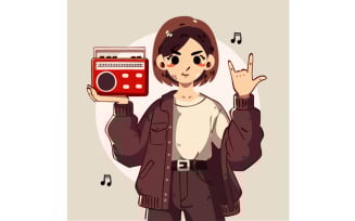 Retro Cartoon Character with a Radio Illustration