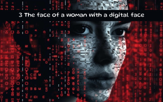 The face of a woman with a digital face