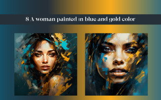 A woman painted ın blue and gold color