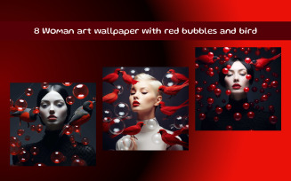 Woman art wallpaper with red bubbles and bird