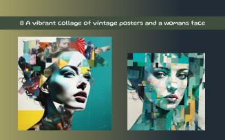 A vibrant collage of vintage posters and a womans face