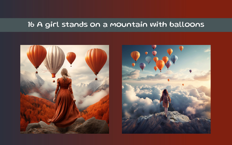 A girl stands on a mountain with balloons Illustration