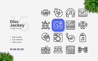 16 Disc Jockey Outline Icon Set