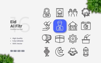 16 Eid Al Fitr Outline Icon Set