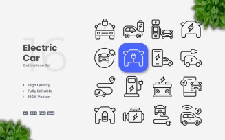 16 Electric Car Outline Icon Set