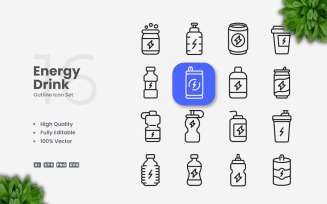 16 Energy Drink Outline Icon Set