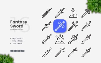 16 Fantasy Sword Outline Icon Set