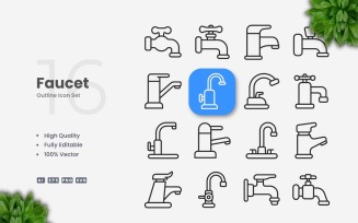 16 Faucet Outline Icon Set