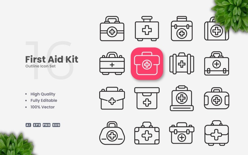 16 First Aid Kit Outline Icon Set