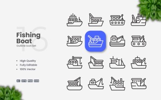 16 Fishing Boat Outline Icon Set