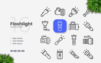 16 Flashlight Outline Icon Set