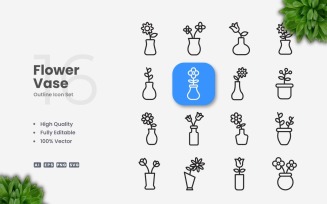 16 Flower Vase Outline Icon Set