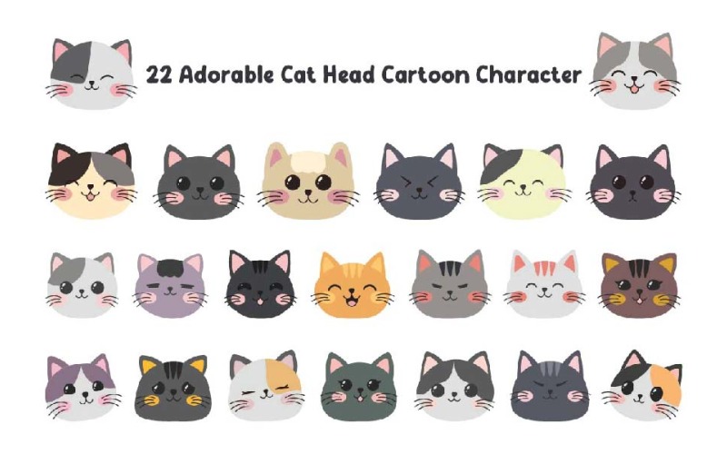 22 Adorable Cat Head Cartoon Character Illustration