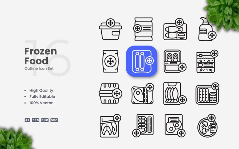 16 Frozen Food Outline Icon Set