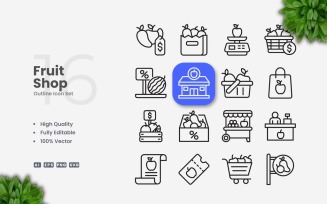 16 Fruit Shop Outline Icon Set