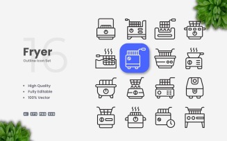 16 Fryer Outline Icon Set