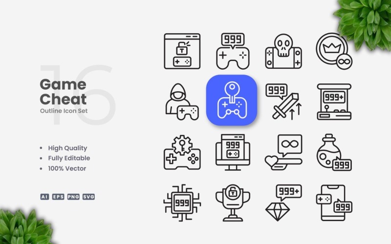16 Game Cheat Outline Icon Set