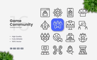 16 Game Community Outline Icon Set