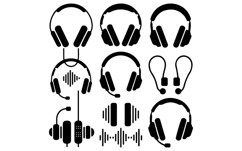 A black and white vector illustration of a collection of headphones Illustration