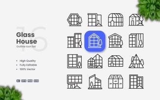 16 Glass House Outline Icon Set