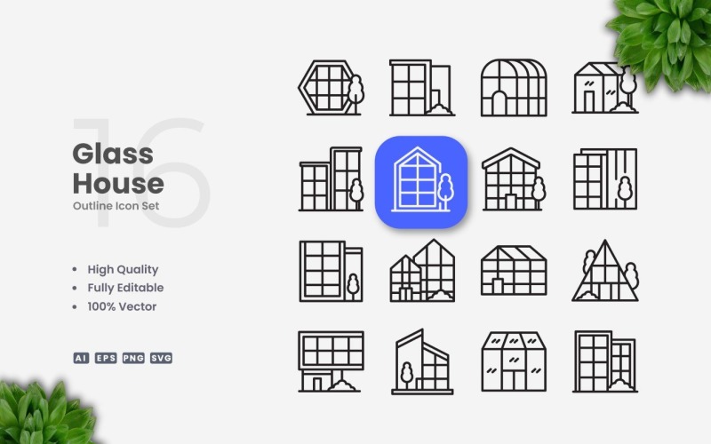 16 Glass House Outline Icon Set