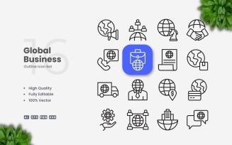 16 Global Business Outline Icon Set