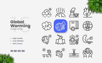 16 Global Warming Outline Icon Set