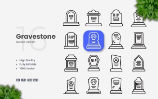 16 Gravestone Outline Icon Set