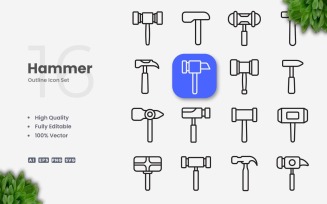 16 Hammer Outline Icon Set