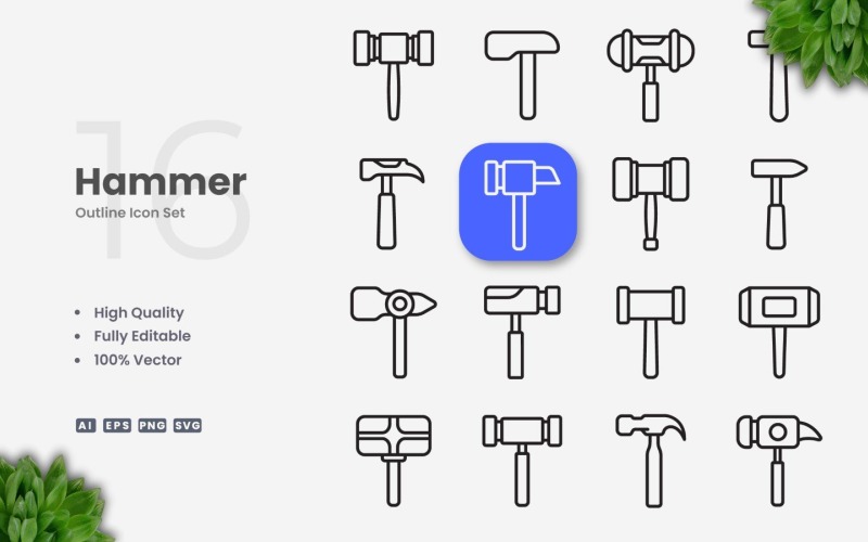 16 Hammer Outline Icon Set