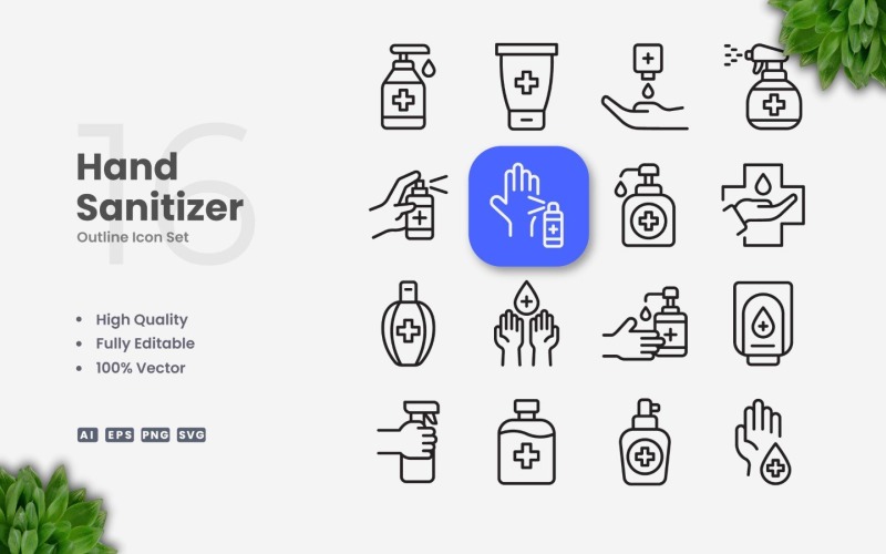 16 Hand Sanitizer Outline Icon Set