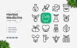 16 Herbal Medicine Outline Icon Set