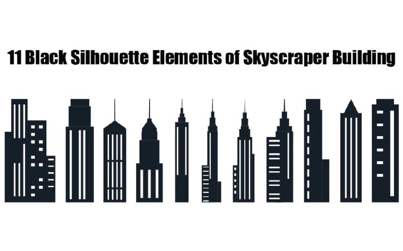 11 Black Silhouette Elements of Skyscraper Building Illustration